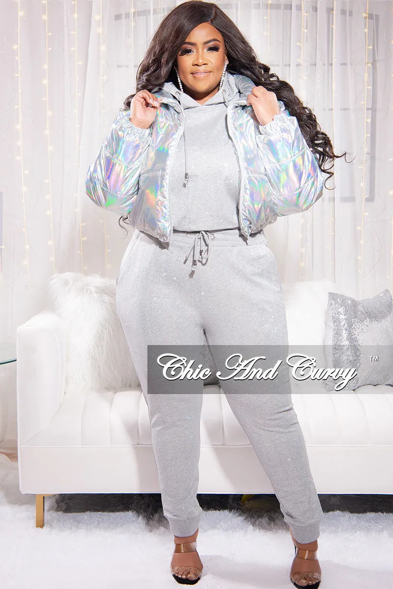 *Final Sale Plus Size Shiny Crop Puffer Jacket in Silver Iridescent Love