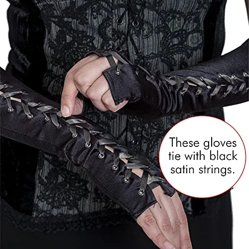 Fingerless Lace Up Gloves - Long Black Costume Elbow Arm Warmer Accessories with Black Satin Laced Tie for Dress Up