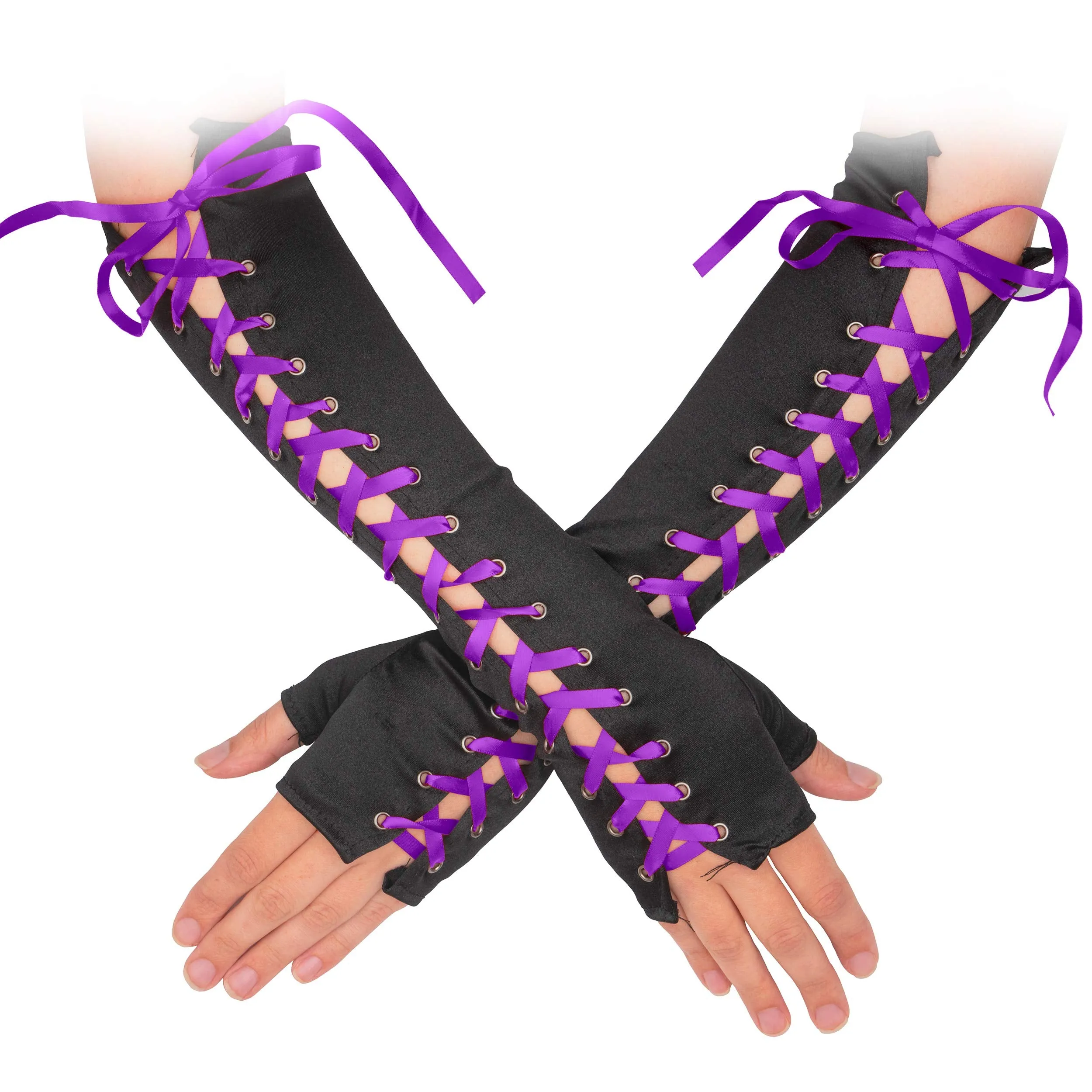 Fingerless Lace Up Gloves - Long Black Costume Elbow Arm Warmer Accessories with Purple Satin Laced Tie for Dress Up