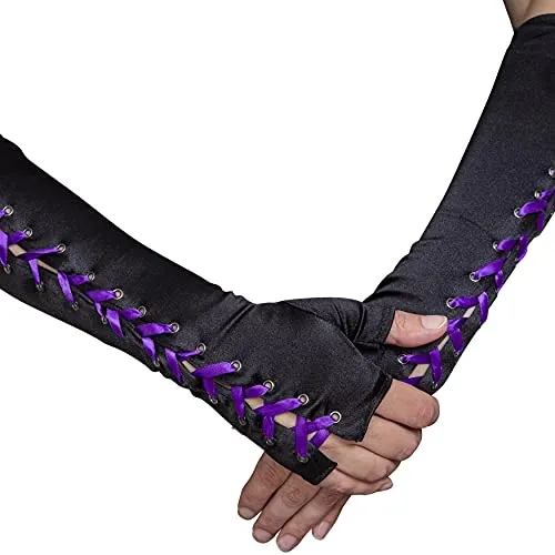 Fingerless Lace Up Gloves - Long Black Costume Elbow Arm Warmer Accessories with Purple Satin Laced Tie for Dress Up