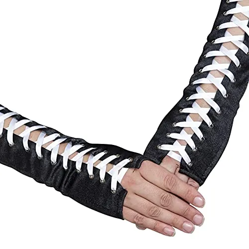 Fingerless Lace Up Gloves -  Long Black Costume Elbow Arm Warmer Accessories with White Satin Laced Tie for Dress Up