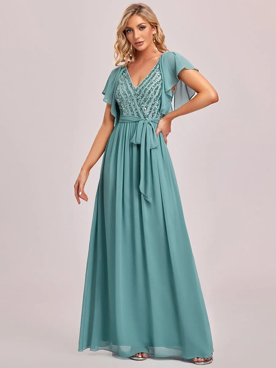 Flutter Sleeve Tie-Waist Sequin A-Line Bridesmaid Dress