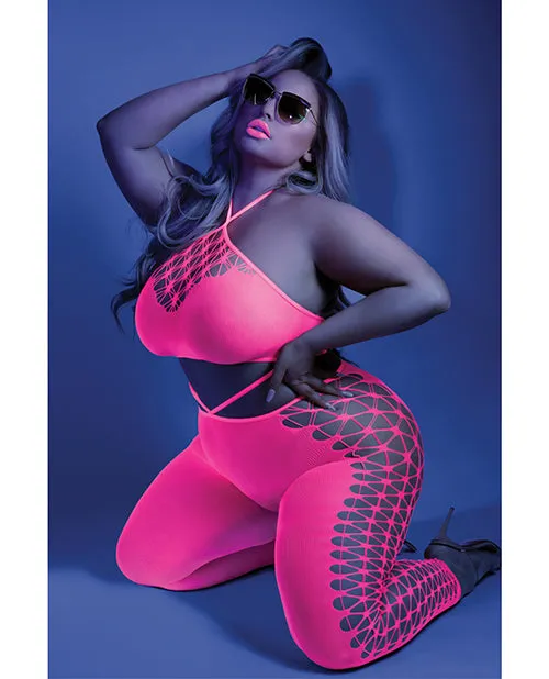 Glow Black Light Cropped Cutout Halter Bodystocking Neon Pink