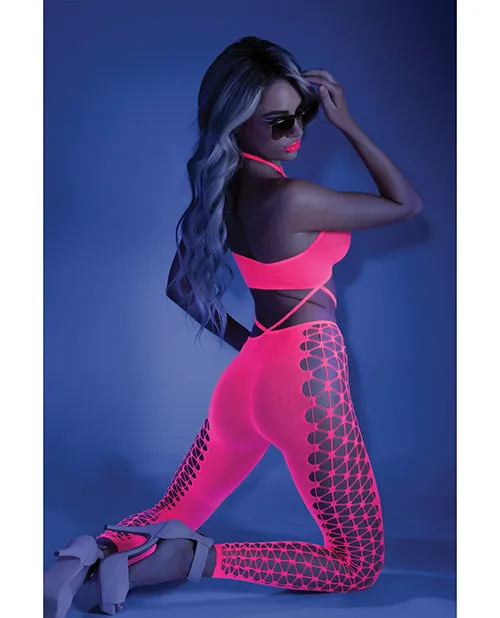 Glow Black Light Cropped Cutout Halter Bodystocking Neon Pink