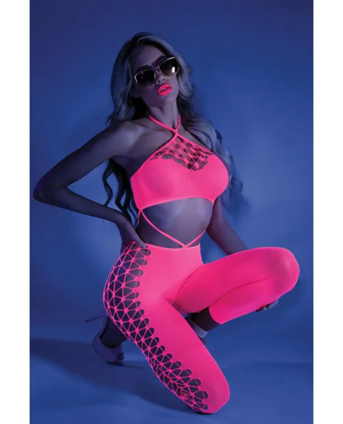 Glow Black Light Cropped Cutout Halter Bodystocking Neon Pink