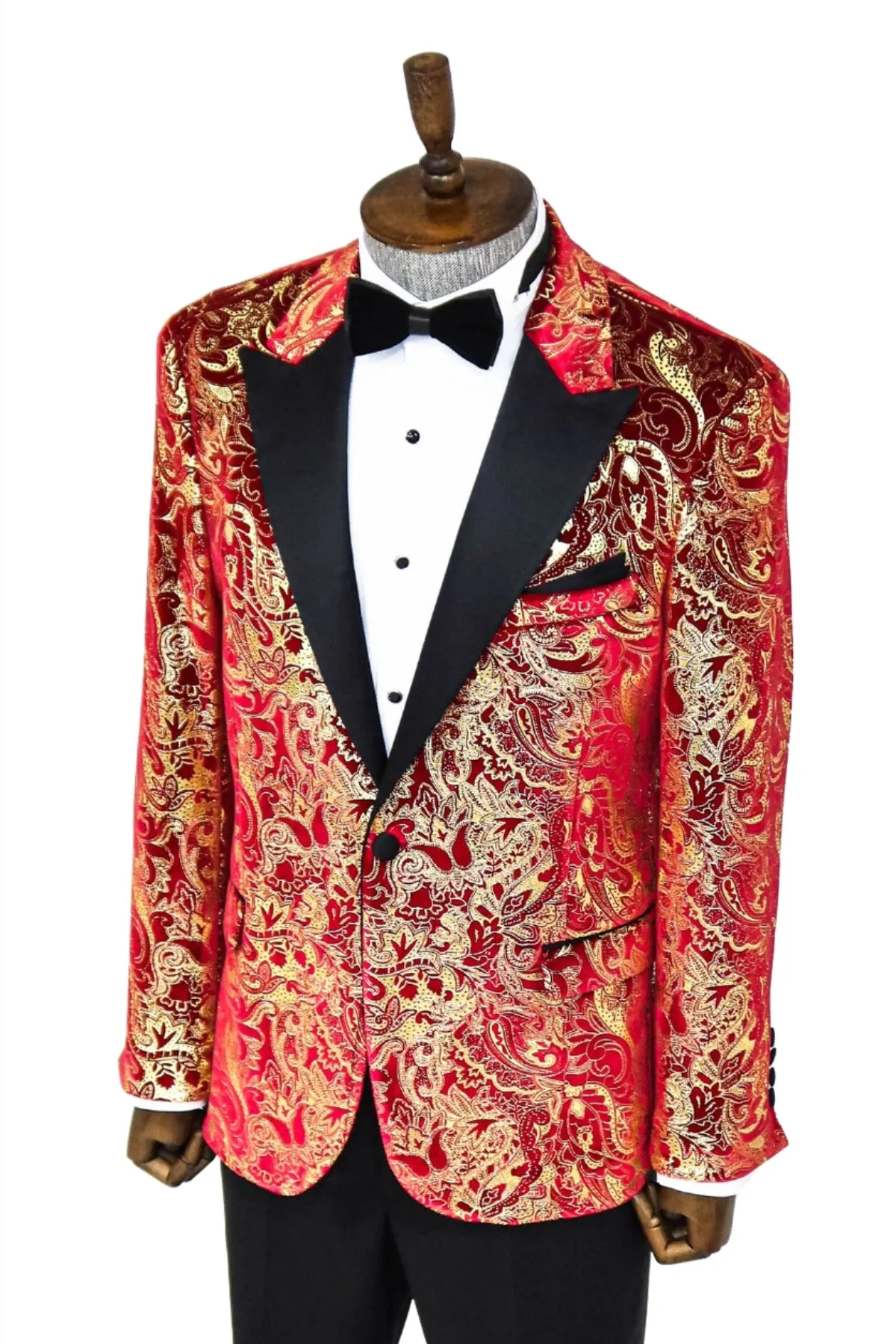 Gold Patterned Over Red Men Stage Tuxedo Blazer - Wessi