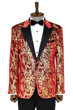 Gold Patterned Over Red Men Stage Tuxedo Blazer - Wessi