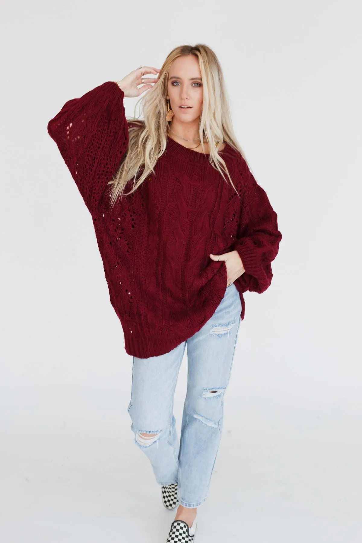 Golden Hour Bubble Sleeve Sweater Dress - Burgundy