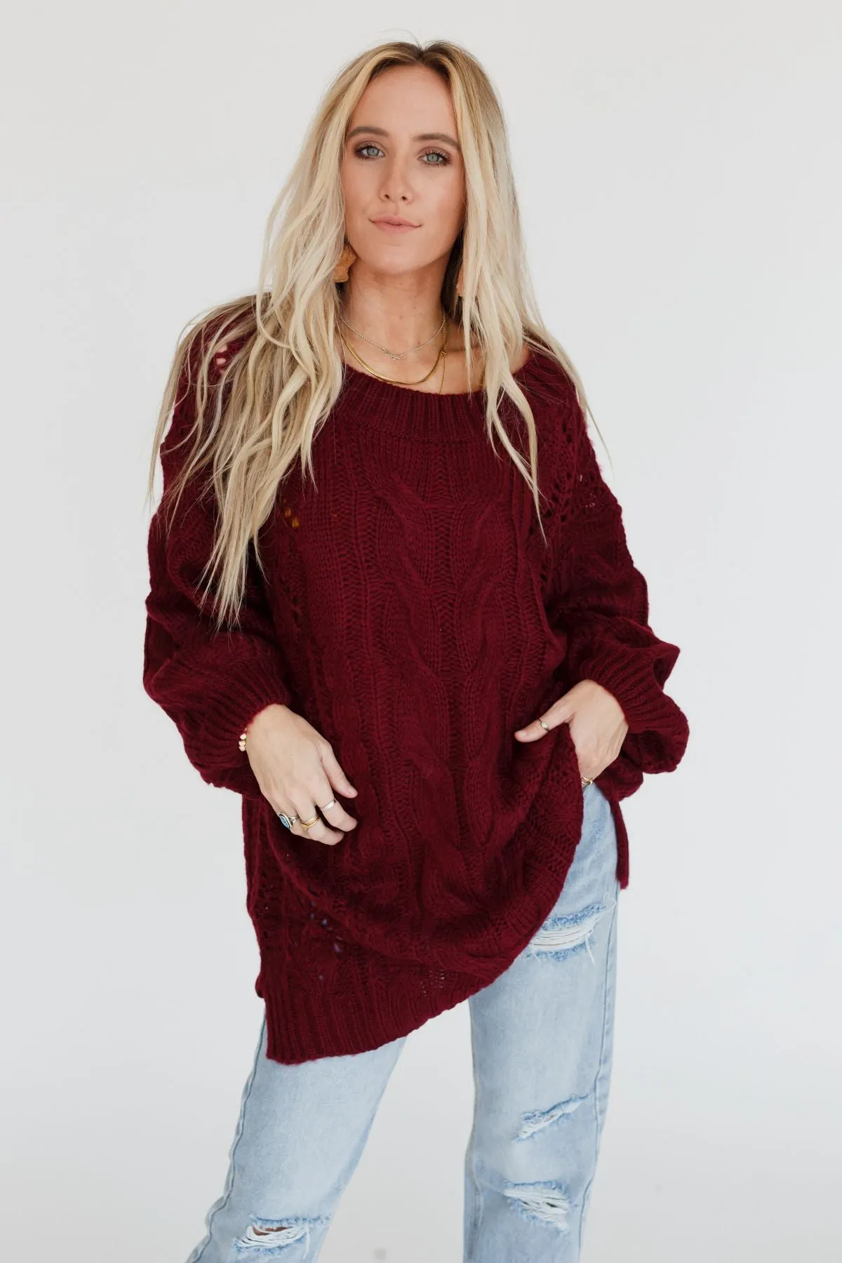 Golden Hour Bubble Sleeve Sweater Dress - Burgundy