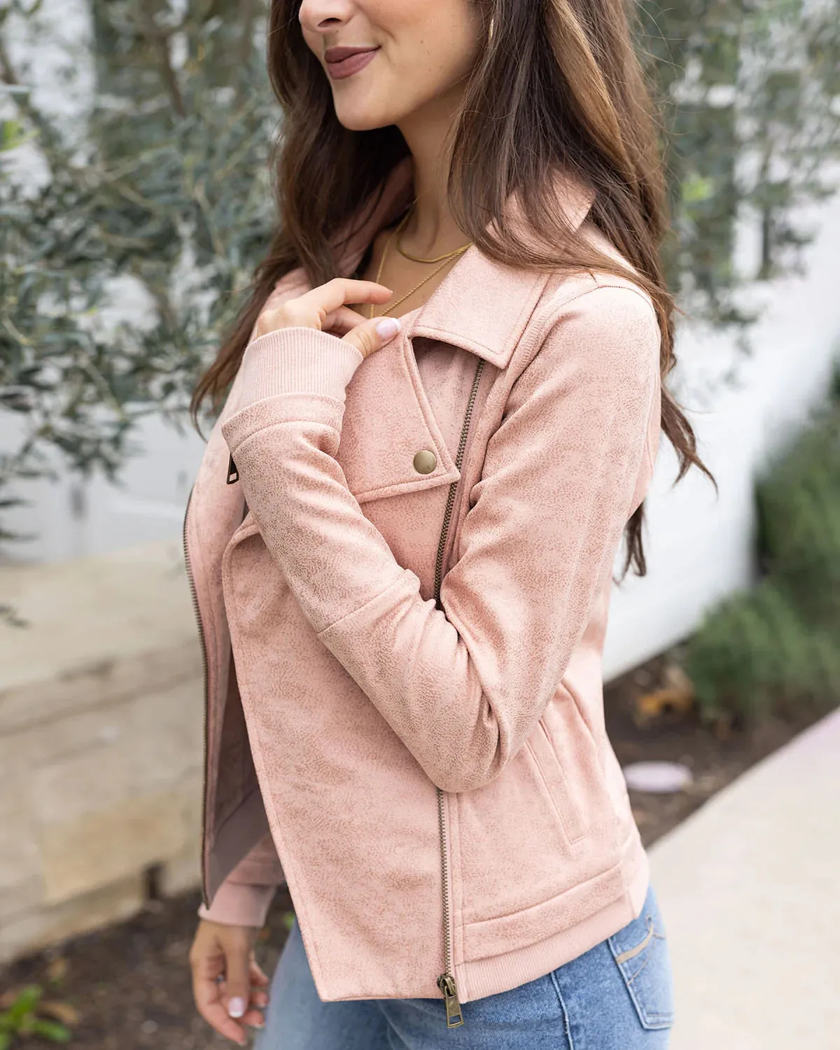 Grace & Lace Move Free Leather Like Moto Jacket - Blush