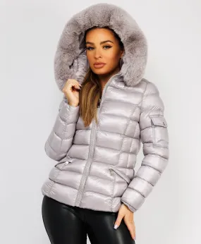 Grey Wet Look Shiny Puffer Jacket with Faux Fur Hood