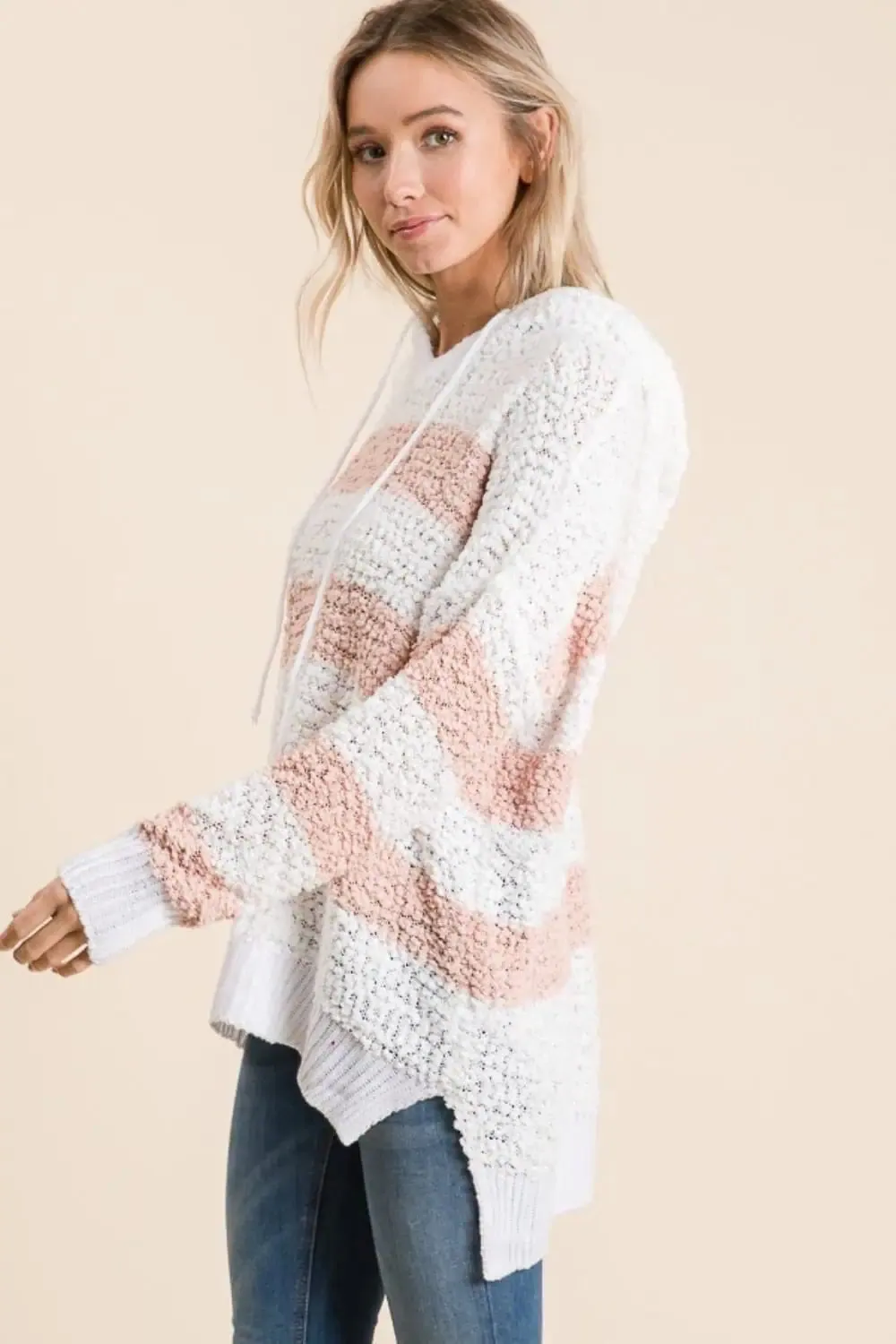 High-Low Striped Popcorn Hoodie Sweater