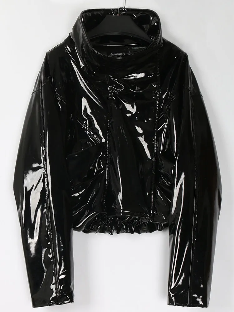 Hip Biker Girl Shiny Patent Leather Puffer Jacket For trendy Women