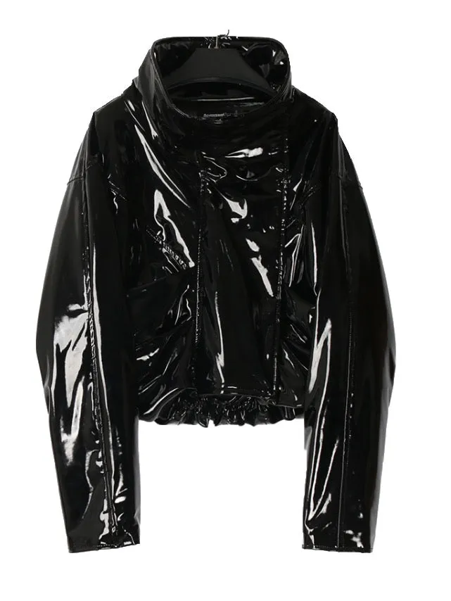 Hip Biker Girl Shiny Patent Leather Puffer Jacket For trendy Women