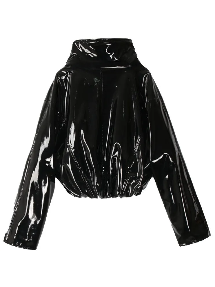 Hip Biker Girl Shiny Patent Leather Puffer Jacket For trendy Women