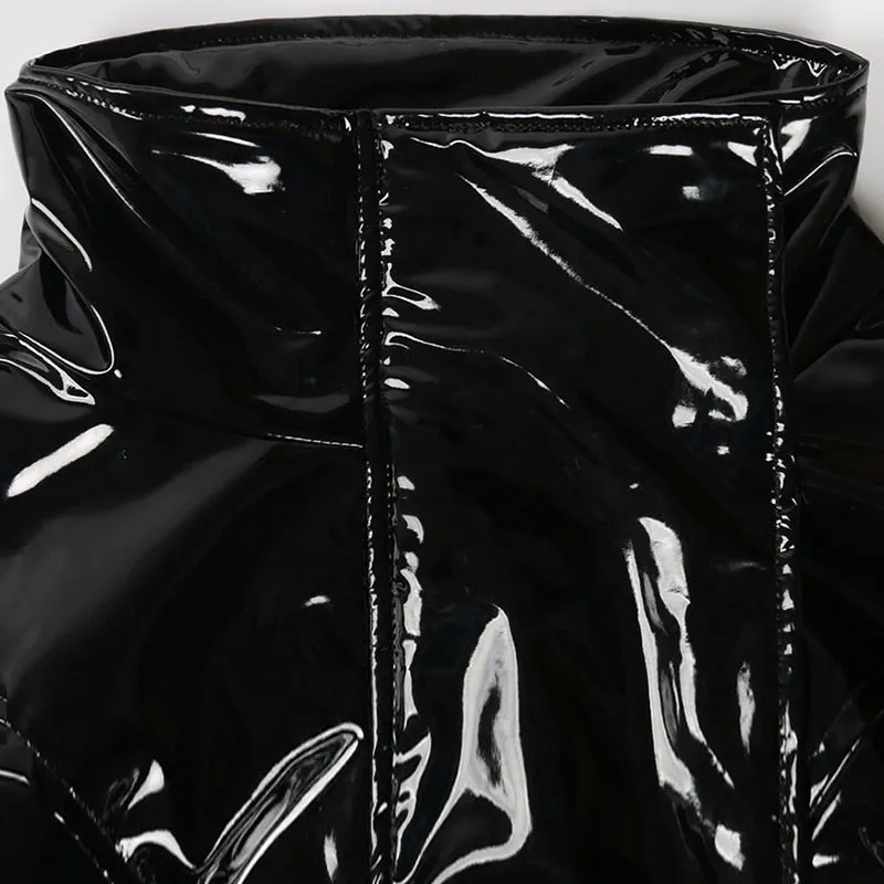 Hip Biker Girl Shiny Patent Leather Puffer Jacket For trendy Women