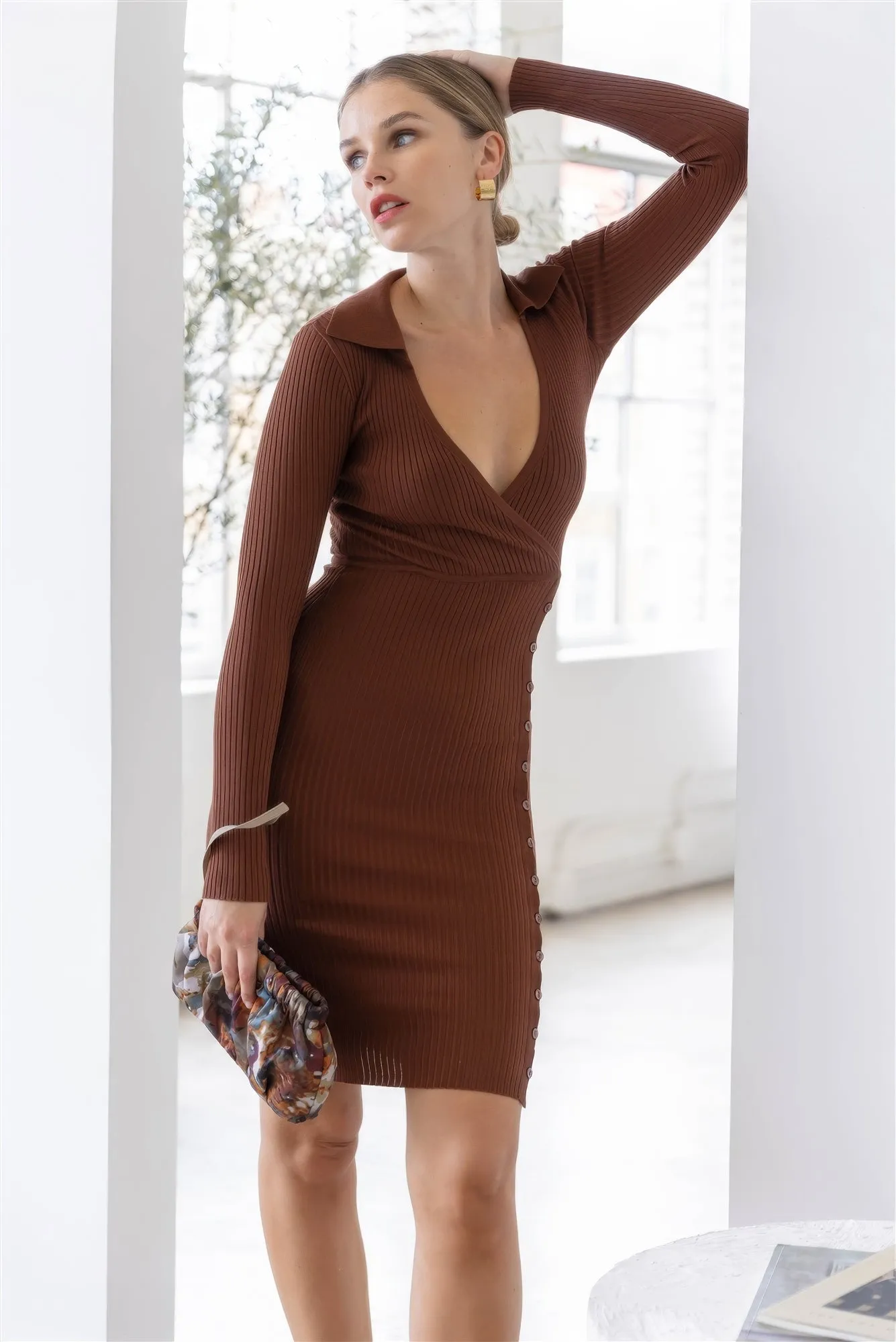 Hot Girl Cocoa Ribbed Button Detail Collared Long Sleeve Mini Dress In Brown