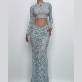 Long sleeve lace see through crop maxi skirt set