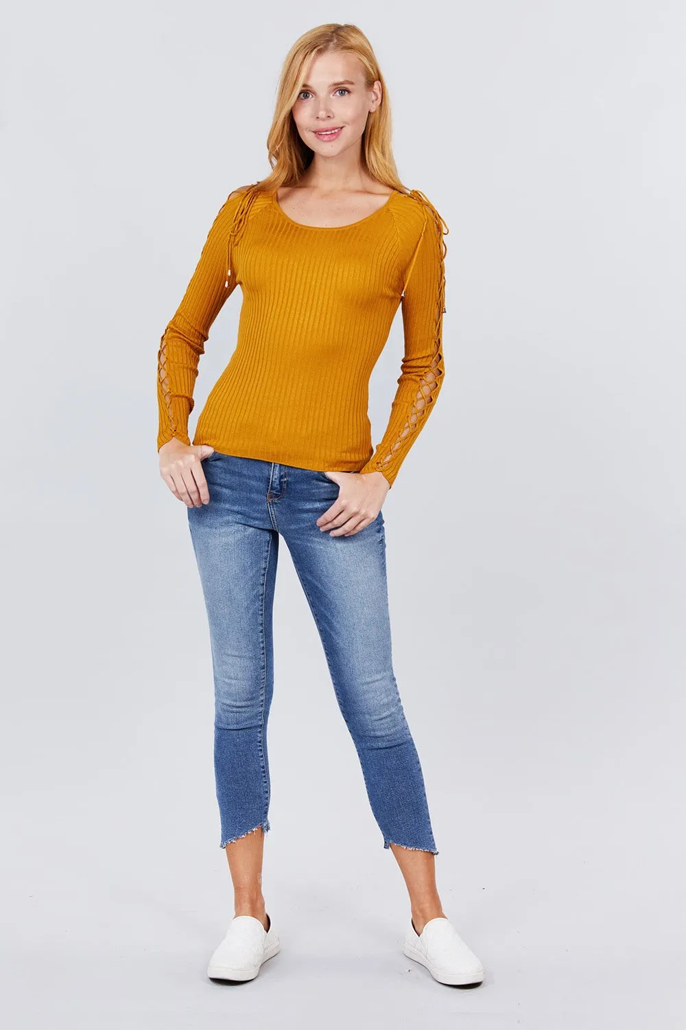 Long Sleeve W/strappy Detail Round Neck Rib Sweater Top