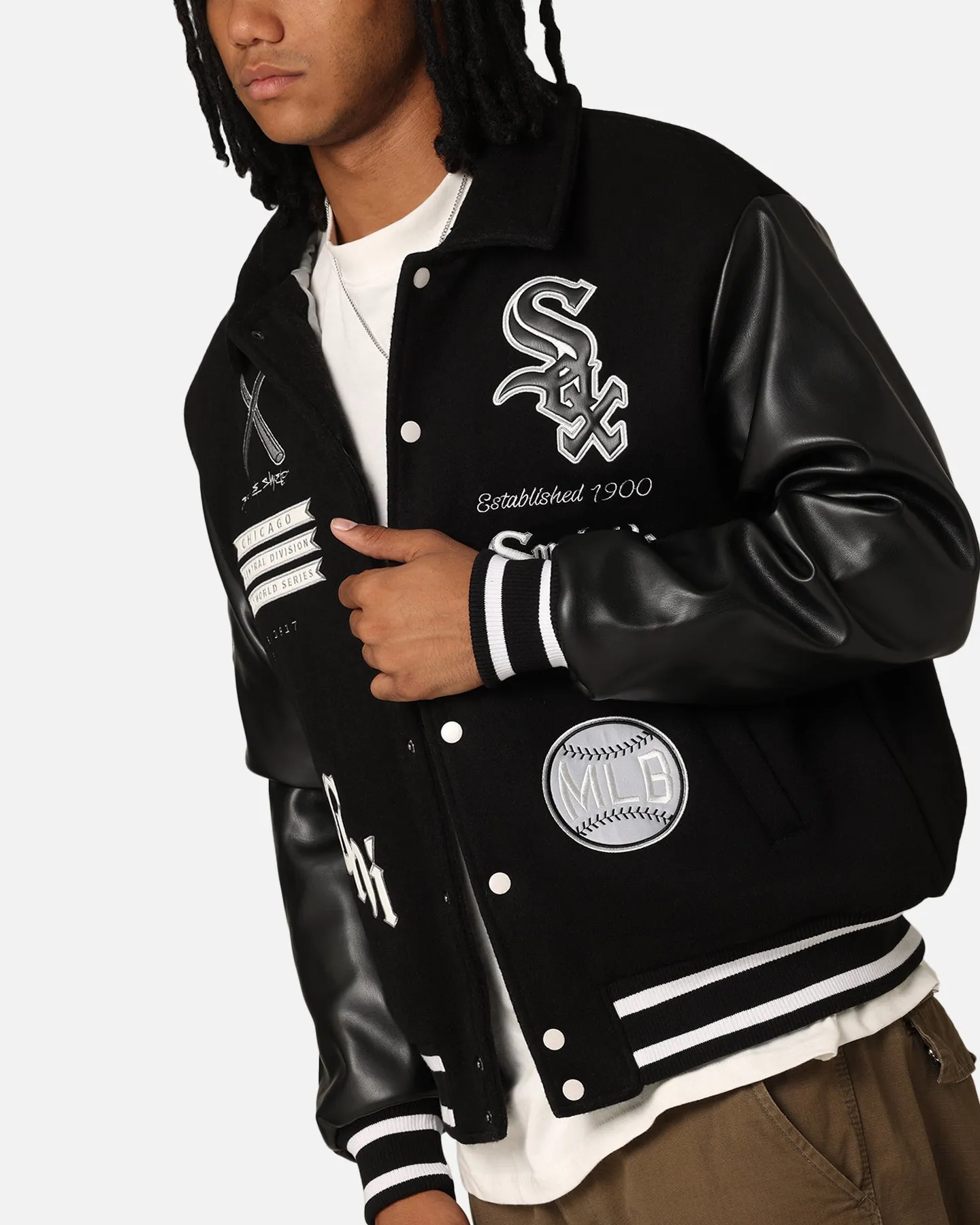 Majestic Athletic Chicago White Sox City PU Melton Letterman Jacket Faded Black