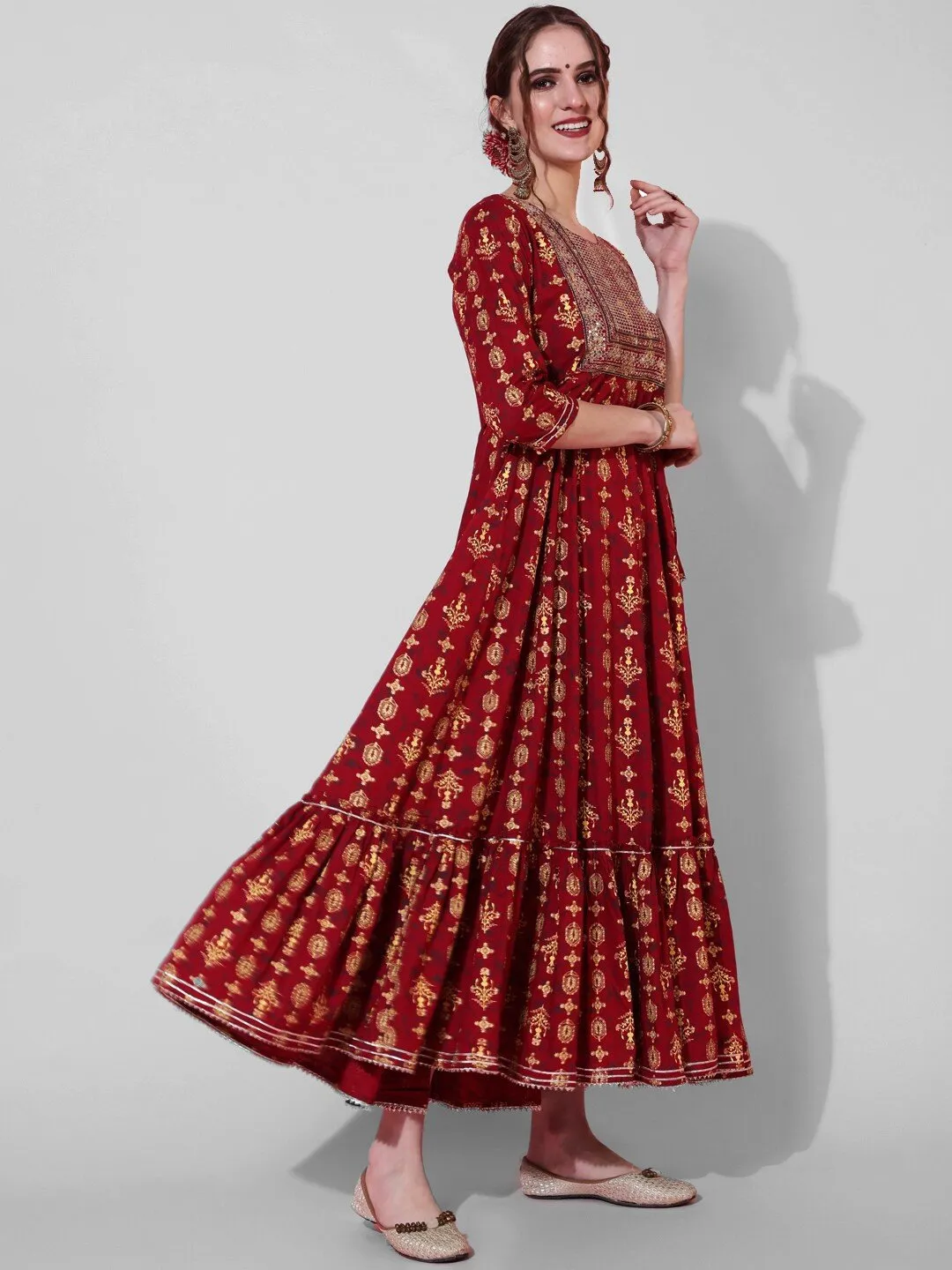 Maroon Ethnic Motifs Printed Anarkali Kurta with Sequins Detail