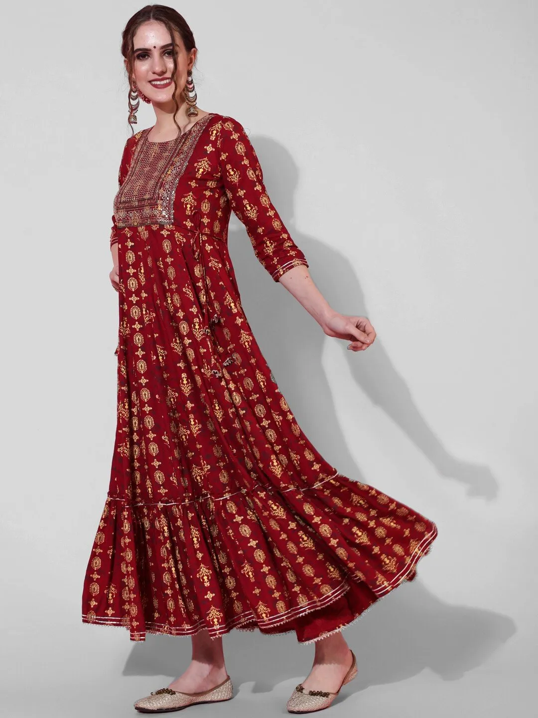 Maroon Ethnic Motifs Printed Anarkali Kurta with Sequins Detail