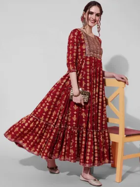 Maroon Ethnic Motifs Printed Anarkali Kurta with Sequins Detail