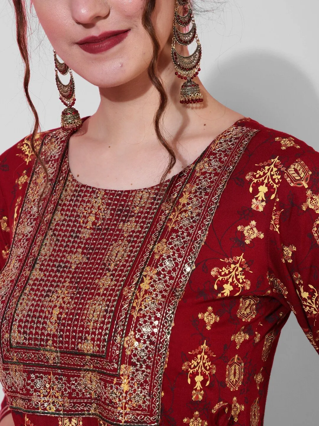 Maroon Ethnic Motifs Printed Anarkali Kurta with Sequins Detail