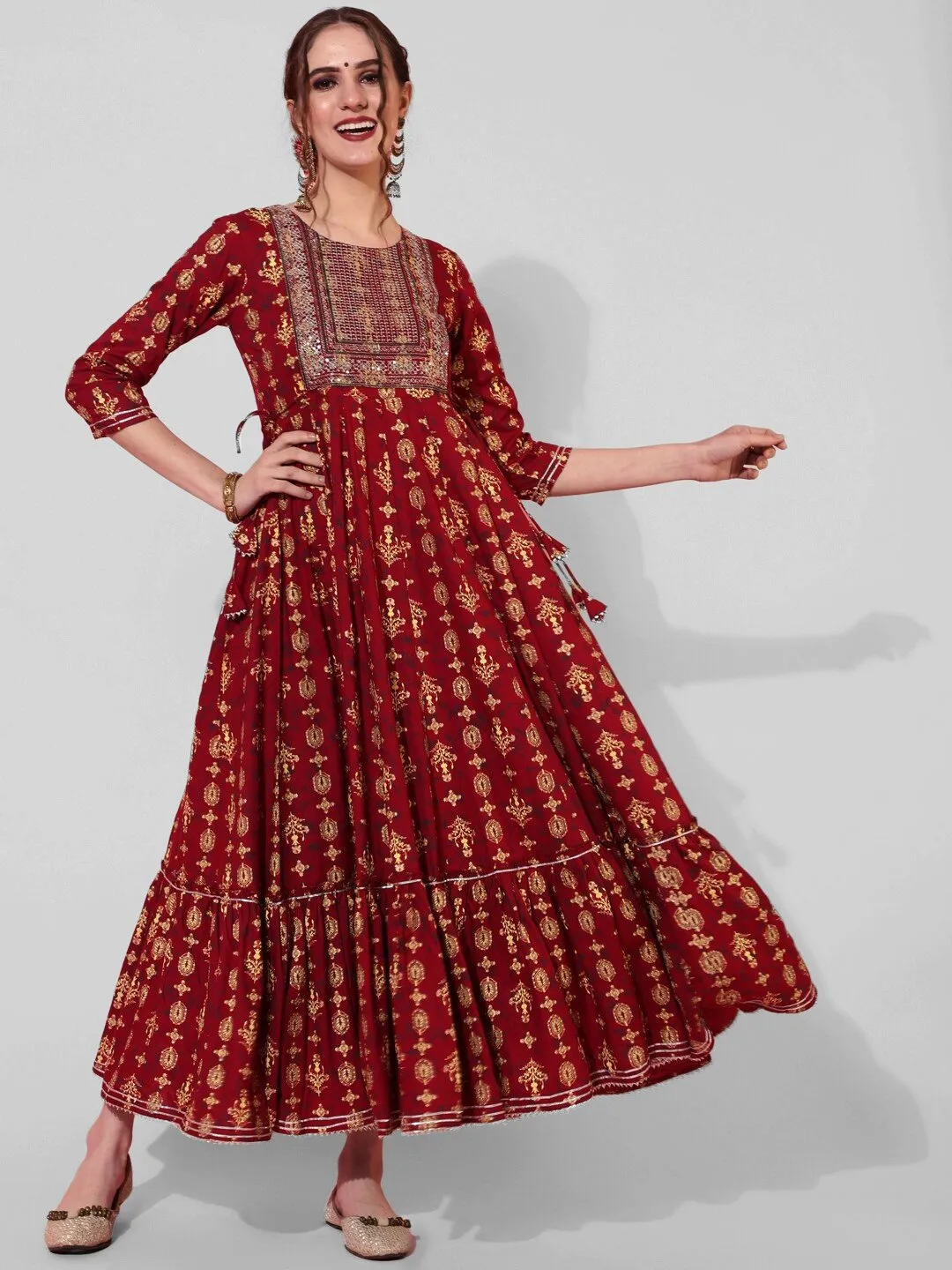 Maroon Ethnic Motifs Printed Anarkali Kurta with Sequins Detail