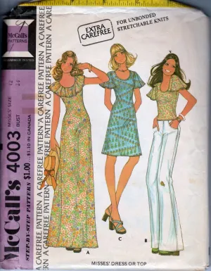 McCall's 4003 Vintage 1970's Sewing Pattern Ladies Knit Hippie Dress Shirt