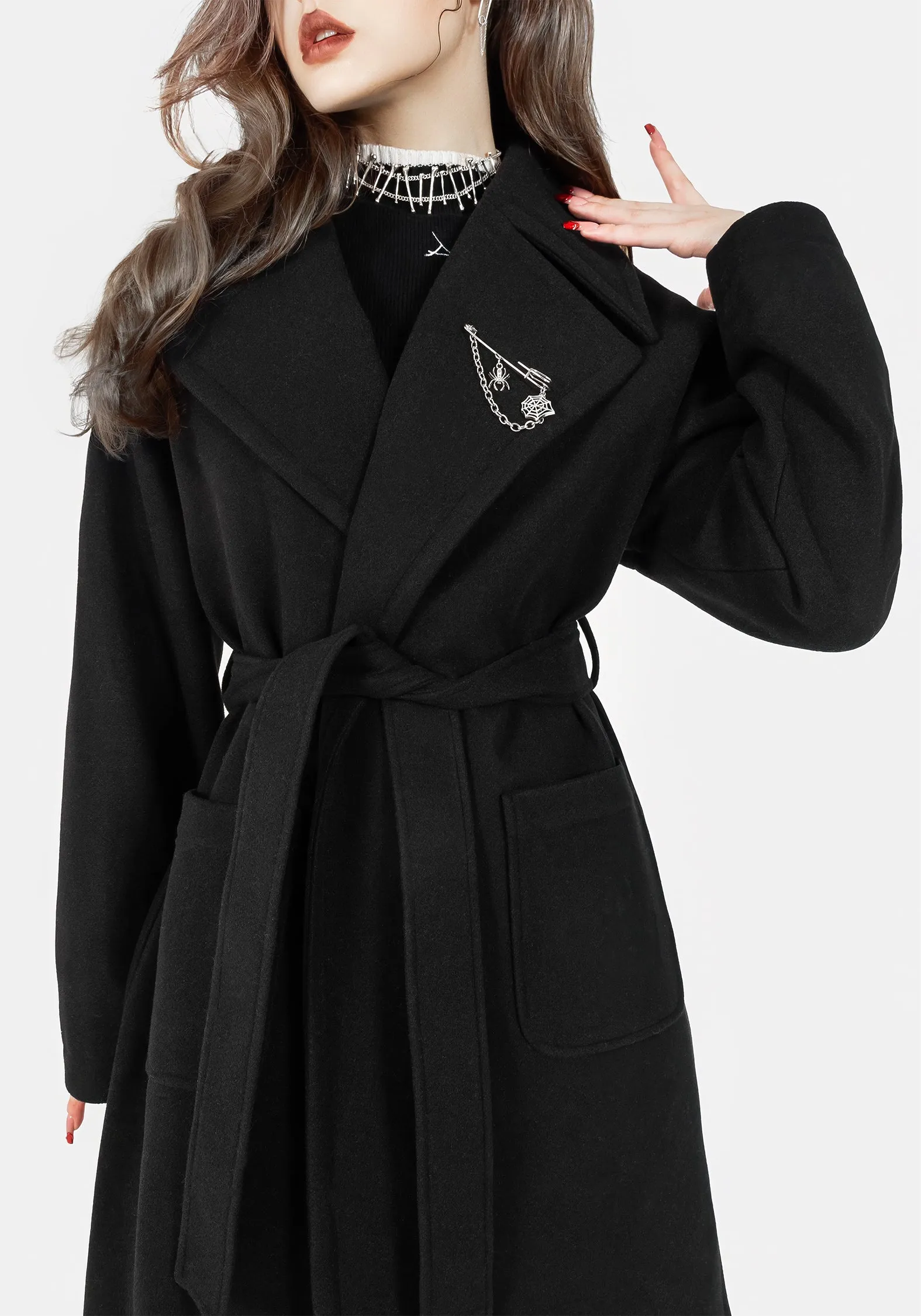 Meltdown Oversized Coat with Brooch - Black