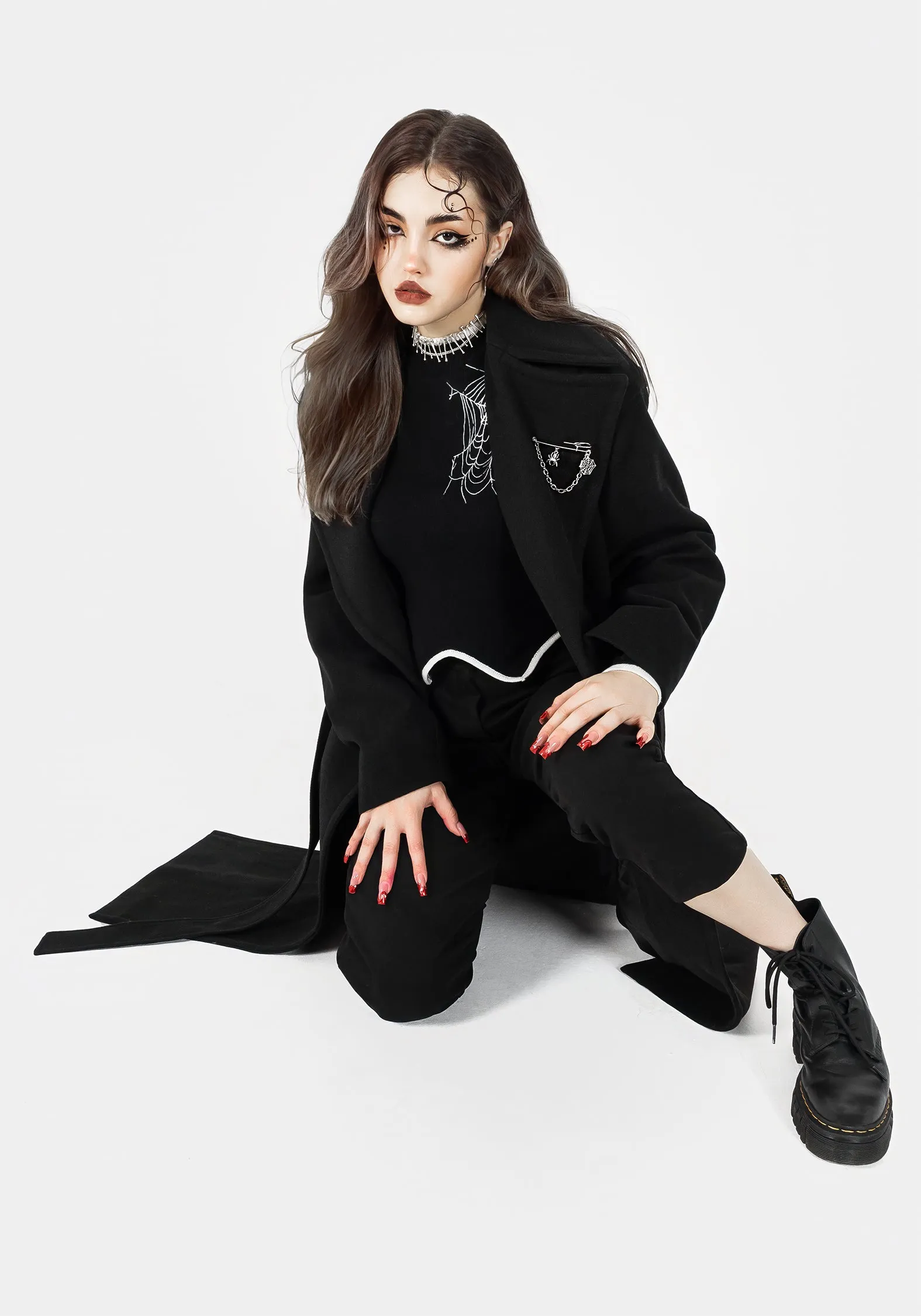 Meltdown Oversized Coat with Brooch - Black