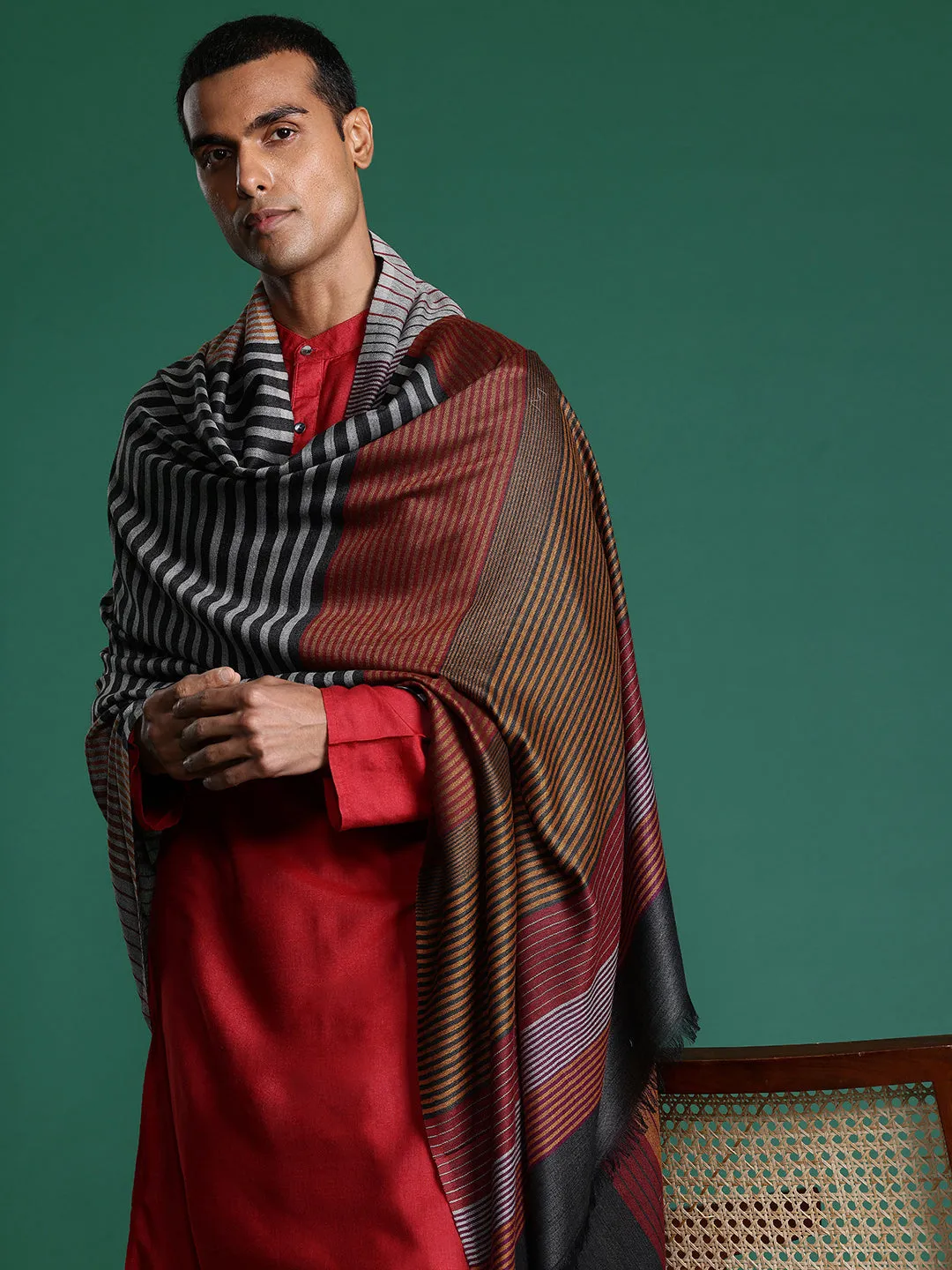 Men Striped Woven Design Acrylic Jamawar Shawl