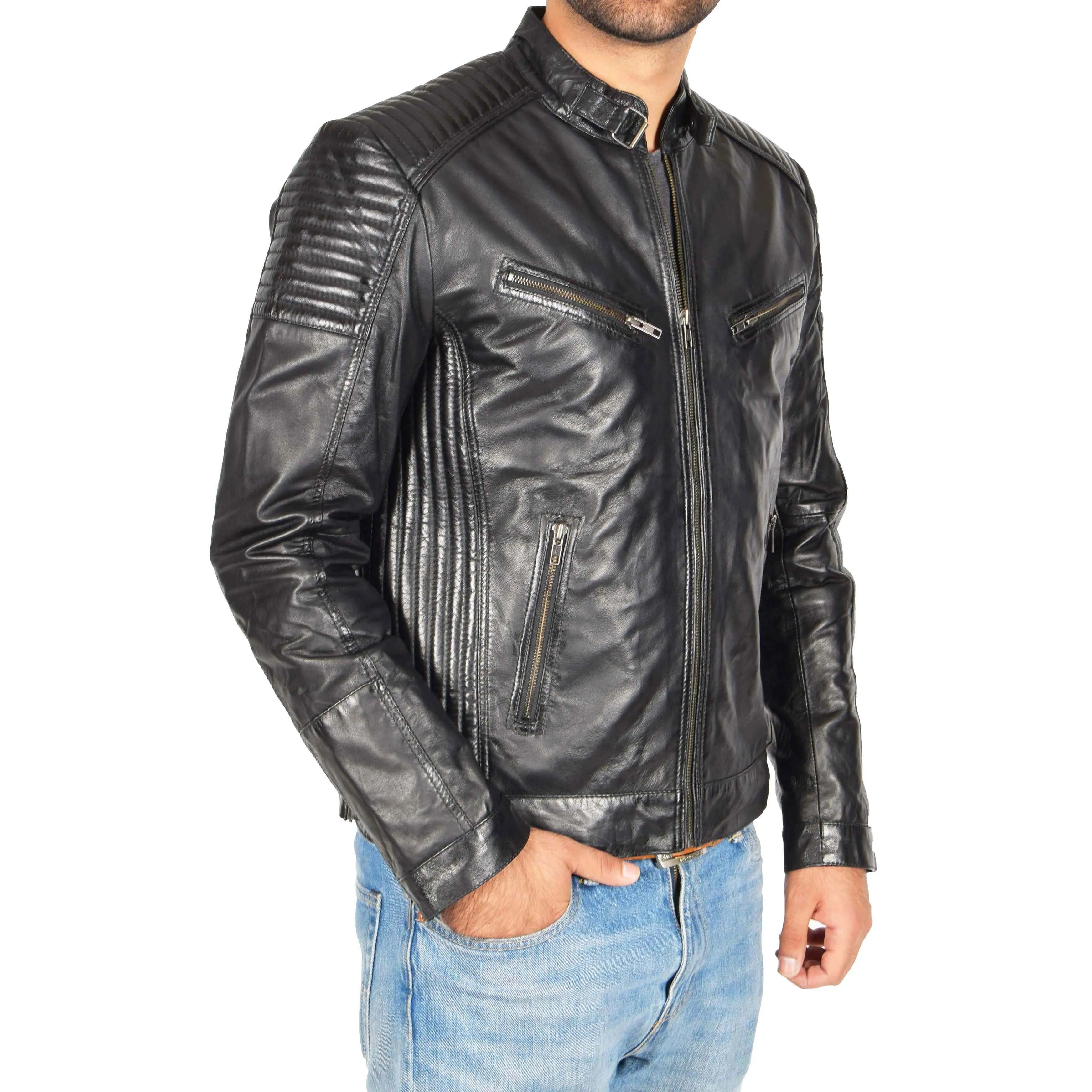 Mens Café Racer Biker Leather Jacket Teddy Black