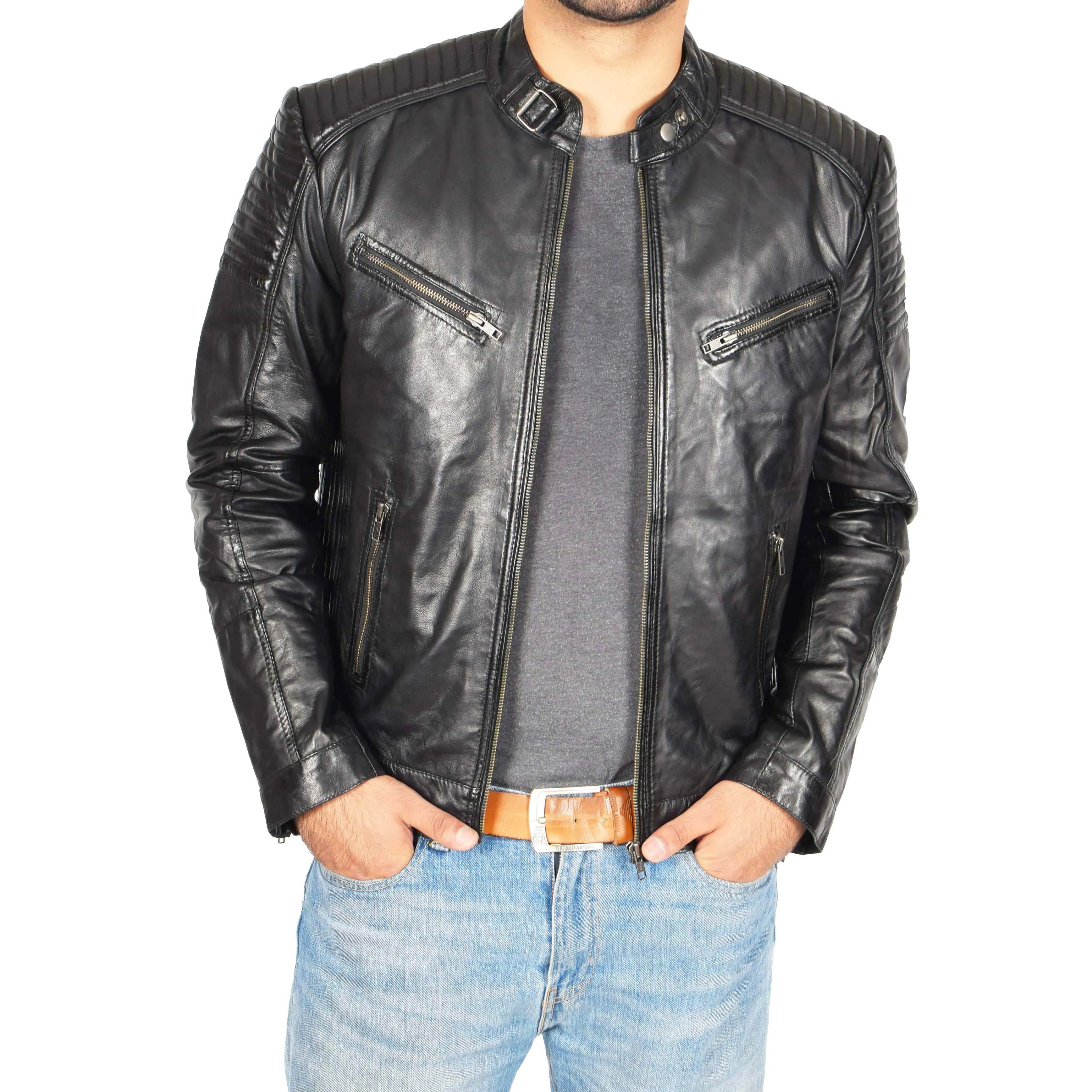 Mens Café Racer Biker Leather Jacket Teddy Black