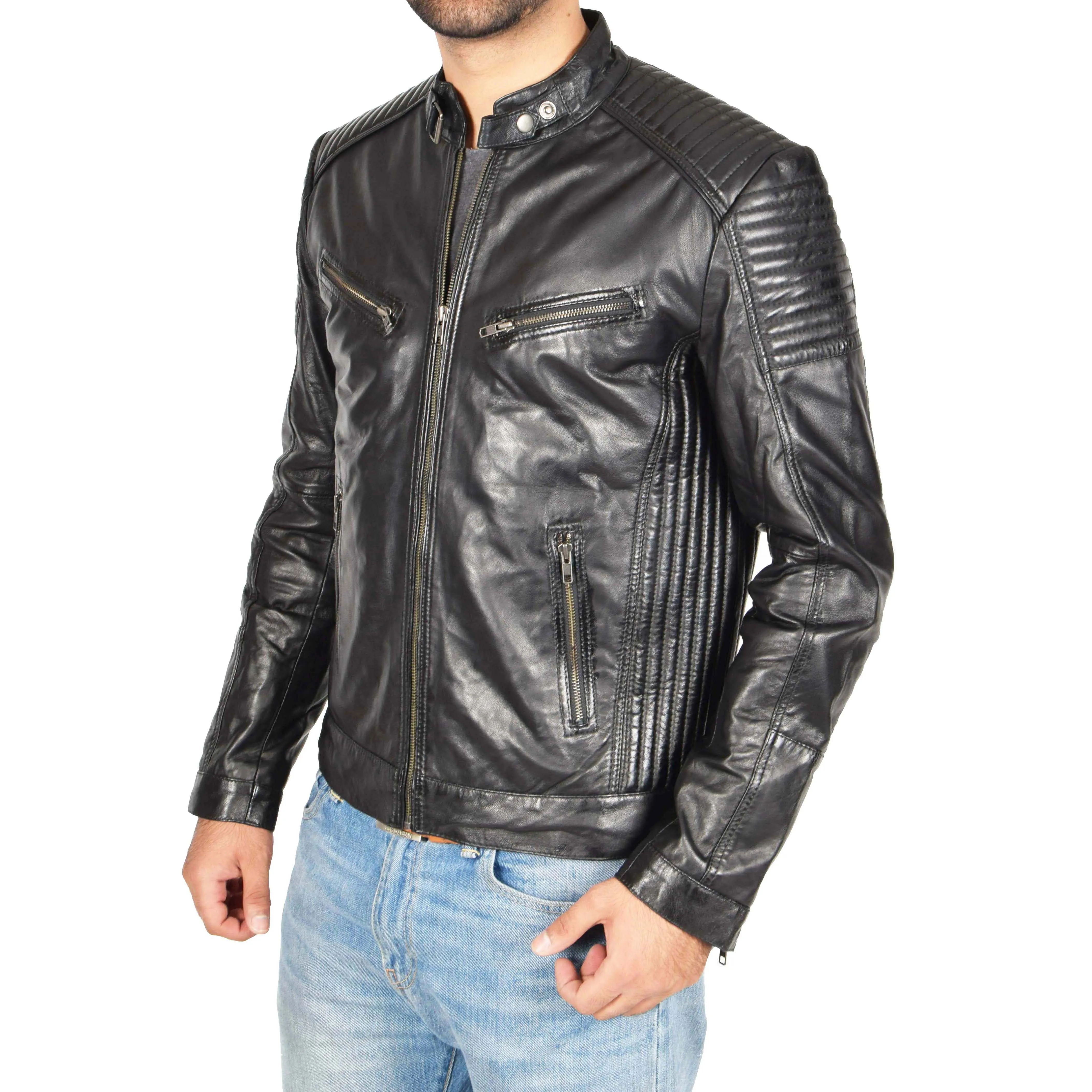 Mens Café Racer Biker Leather Jacket Teddy Black