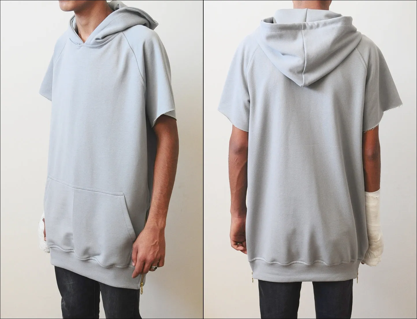 Men's Overlong Short Sleeve Side Zip Extended Cotton Blend Hoodie