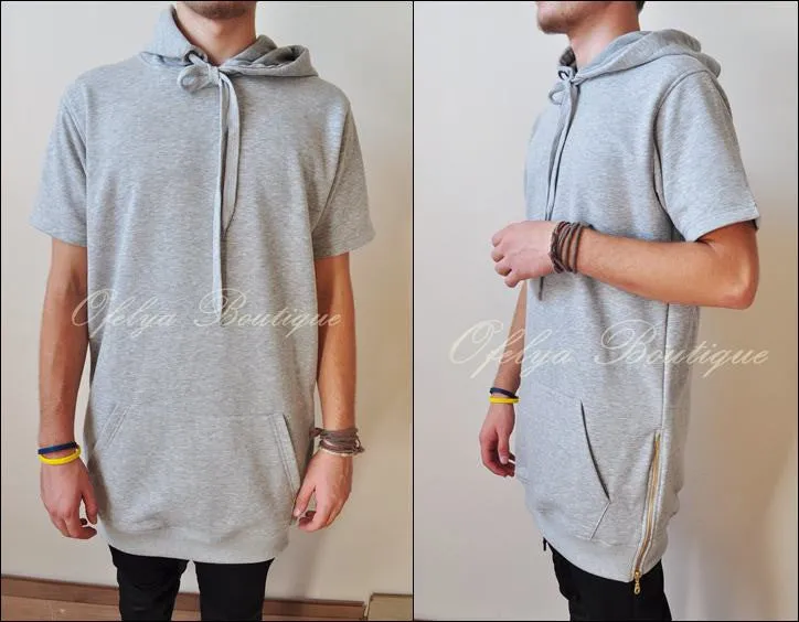 Men's Overlong Short Sleeve Side Zip Extended Cotton Blend Hoodie