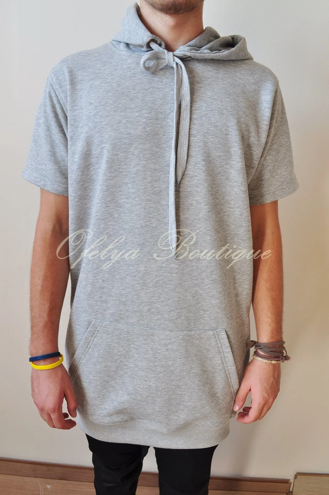 Men's Overlong Short Sleeve Side Zip Extended Cotton Blend Hoodie