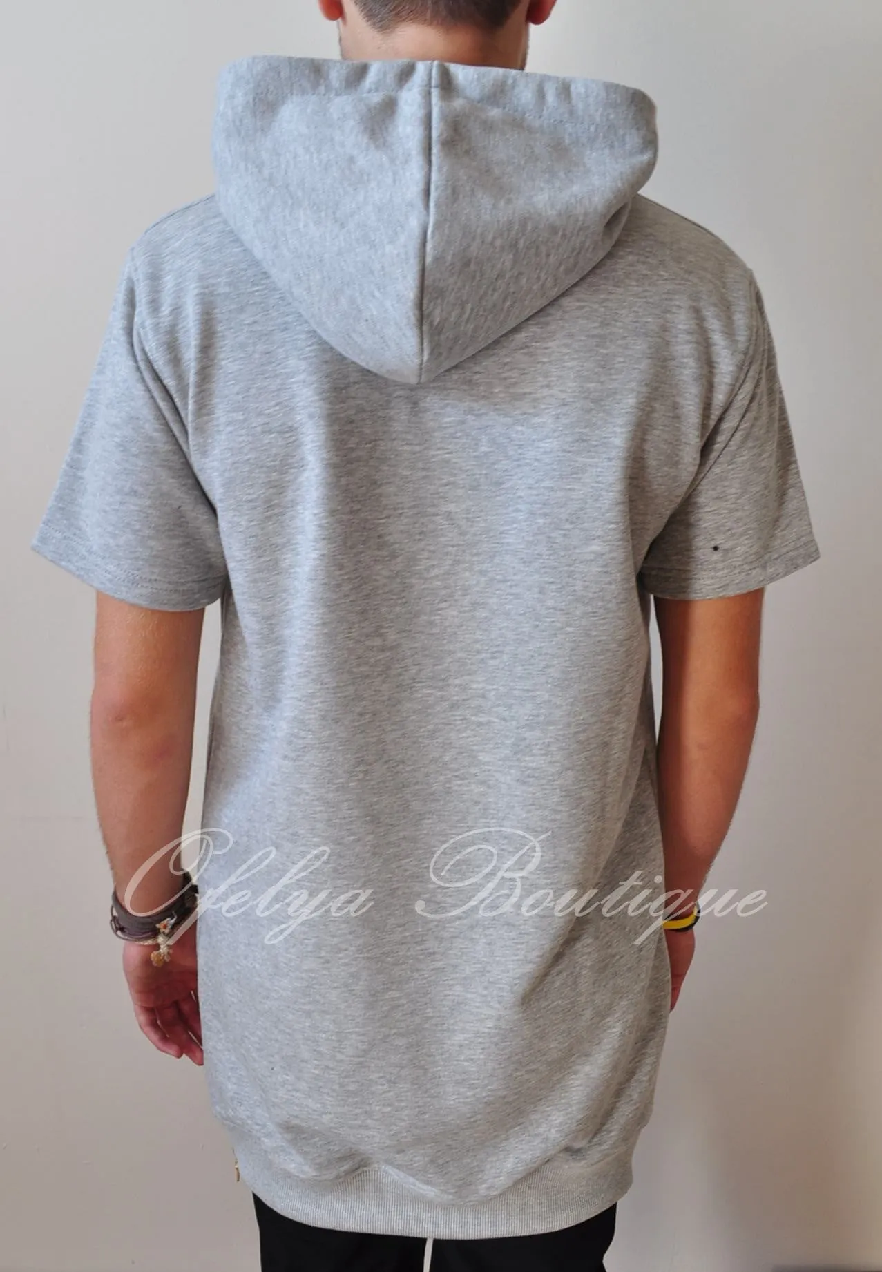 Men's Overlong Short Sleeve Side Zip Extended Cotton Blend Hoodie