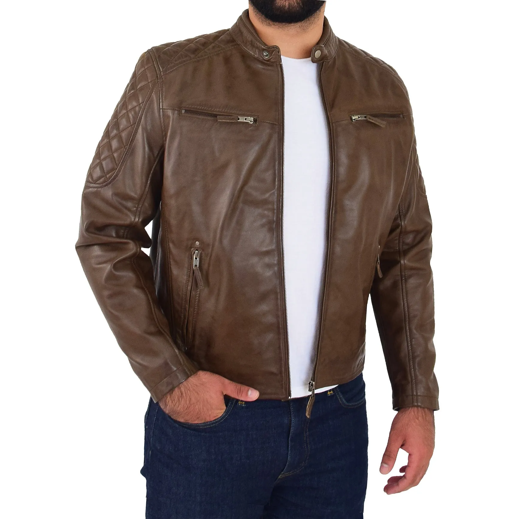 Mens Soft Leather Biker Jacket Quilted Design Tucker Timber Brown