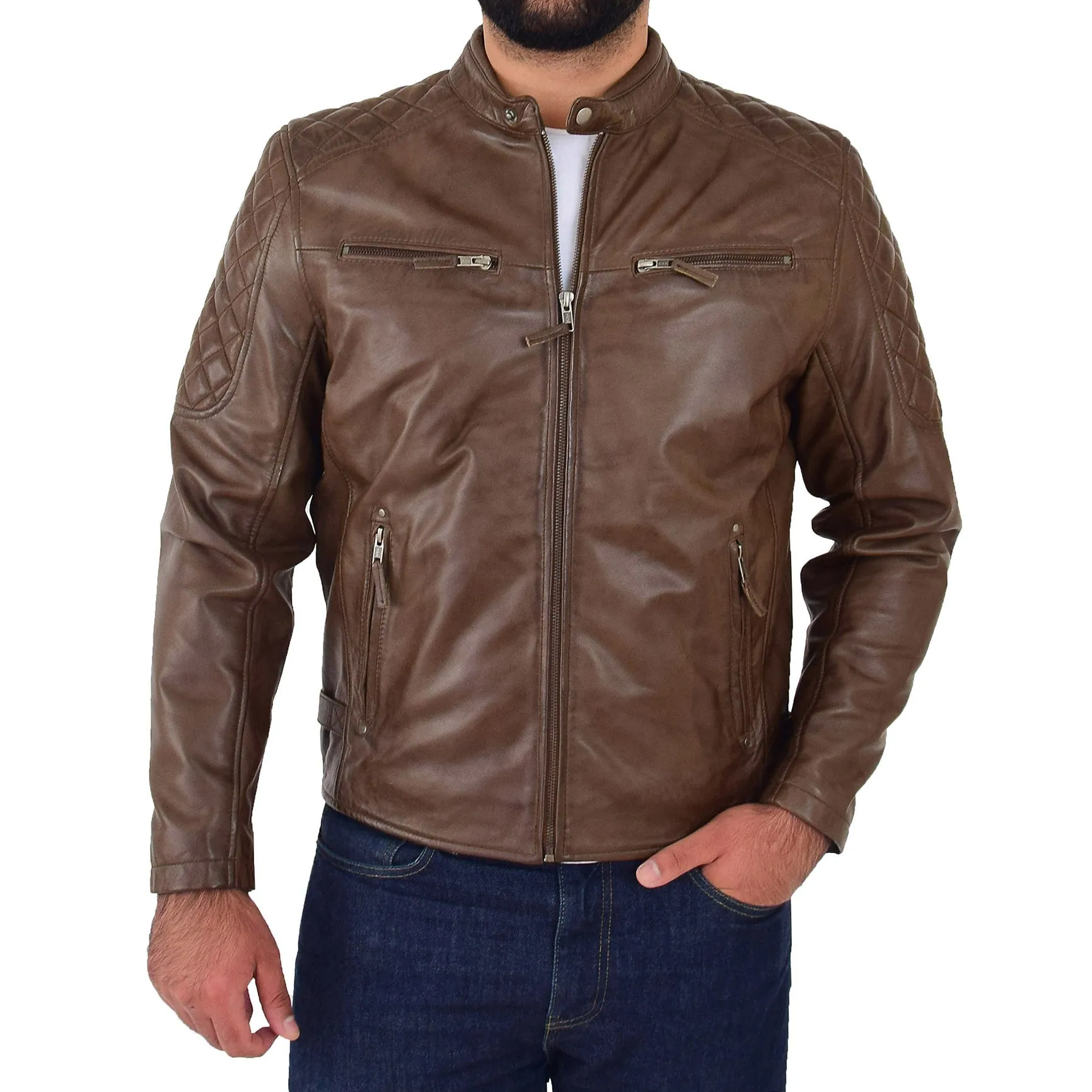 Mens Soft Leather Biker Jacket Quilted Design Tucker Timber Brown