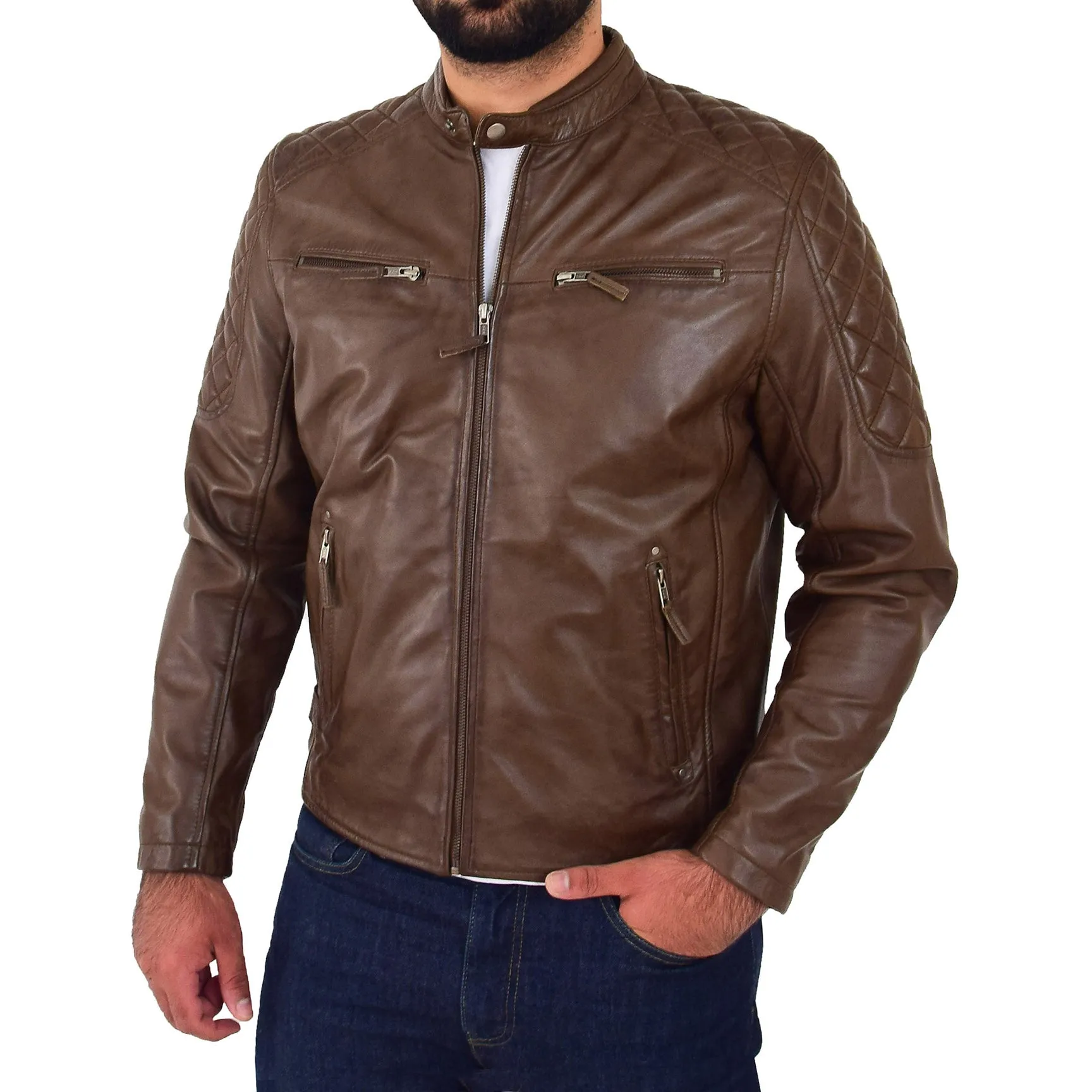 Mens Soft Leather Biker Jacket Quilted Design Tucker Timber Brown