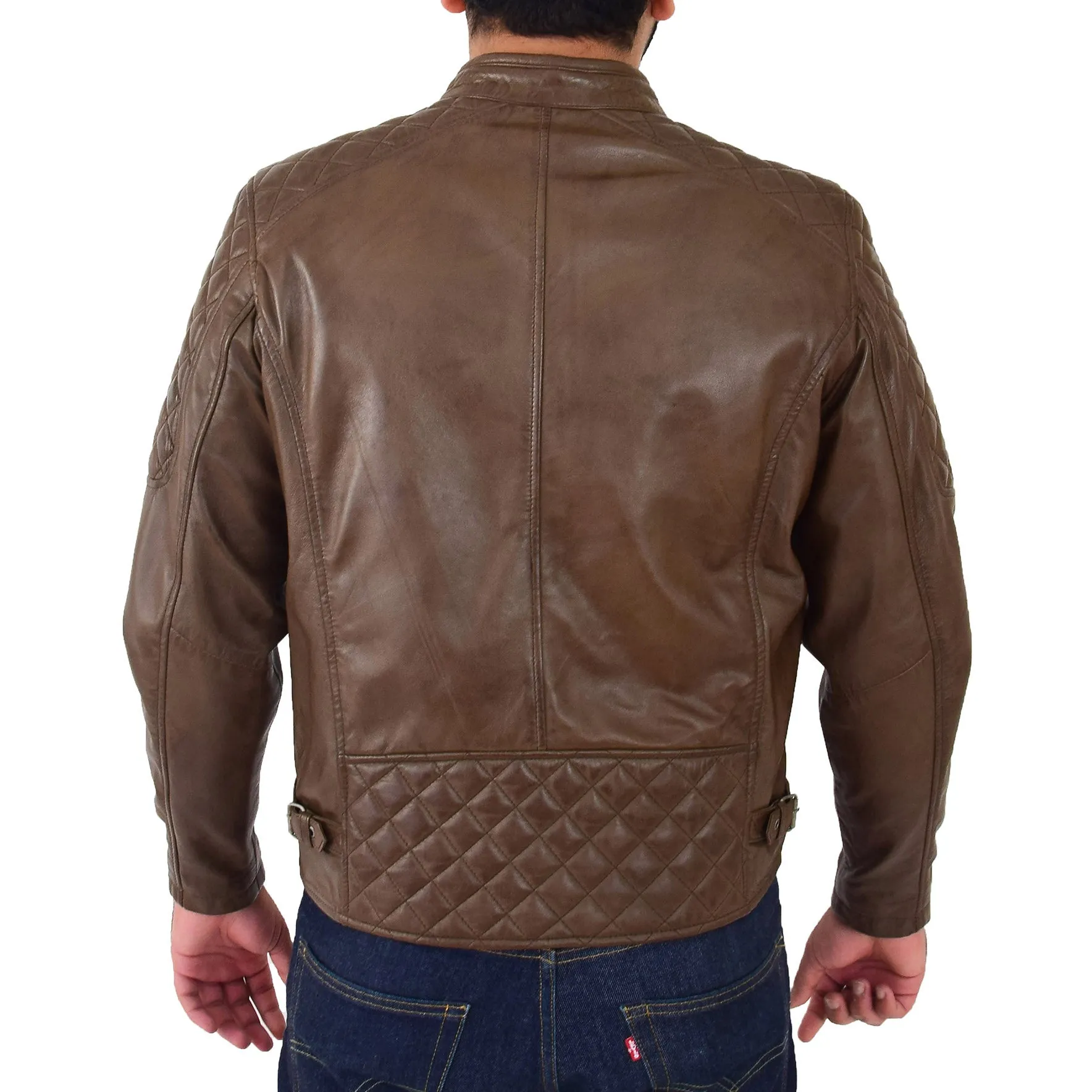 Mens Soft Leather Biker Jacket Quilted Design Tucker Timber Brown