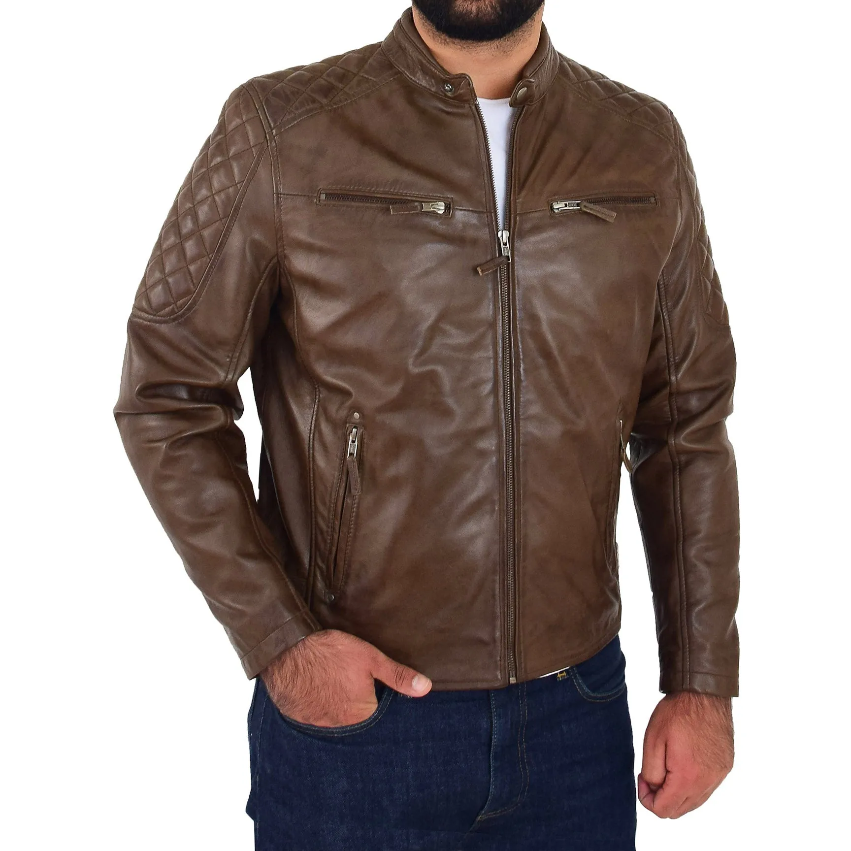 Mens Soft Leather Biker Jacket Quilted Design Tucker Timber Brown