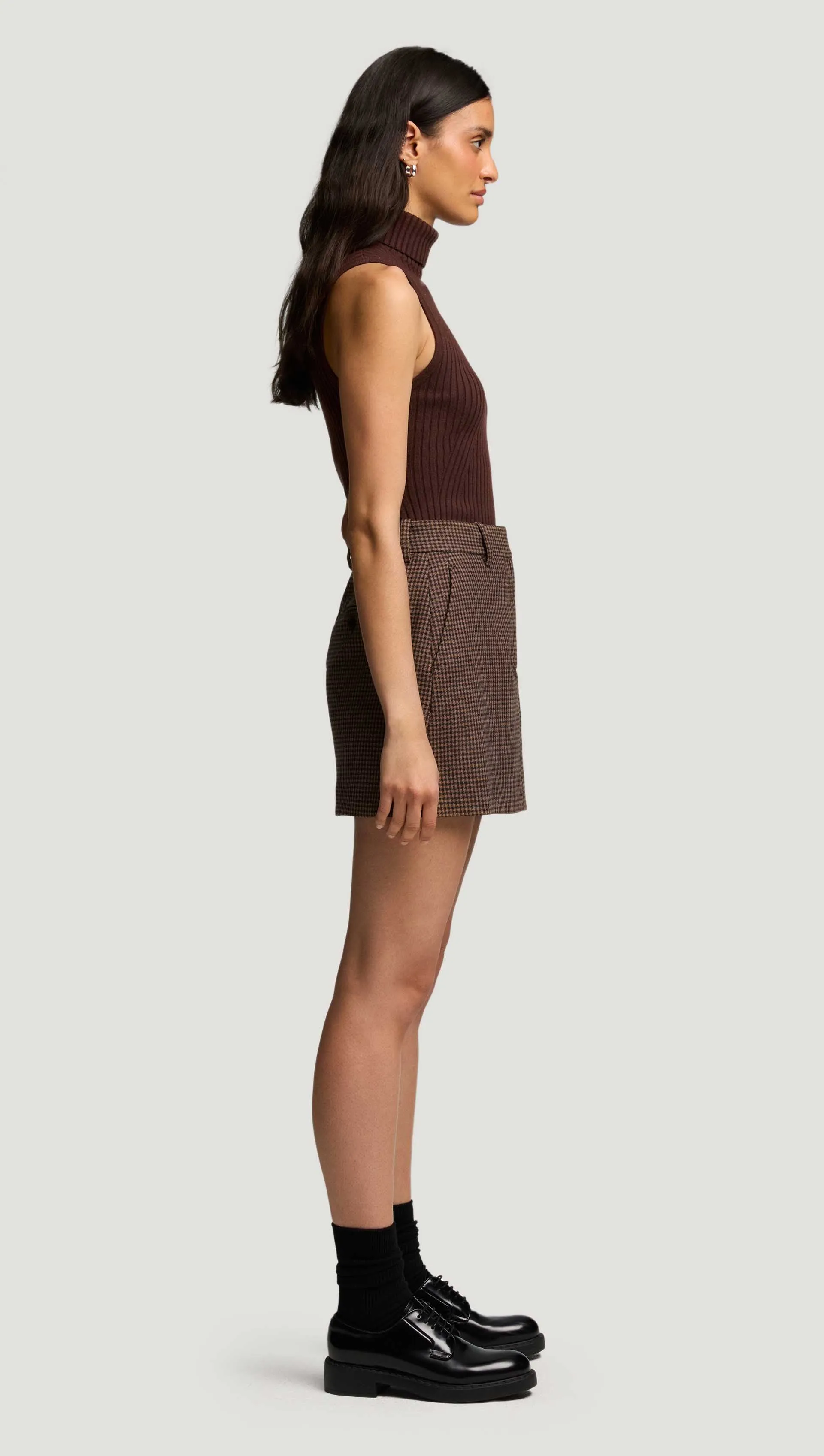 Mini Tailored Skirt in Viscose Blend | Brown/Camel Houndstooth