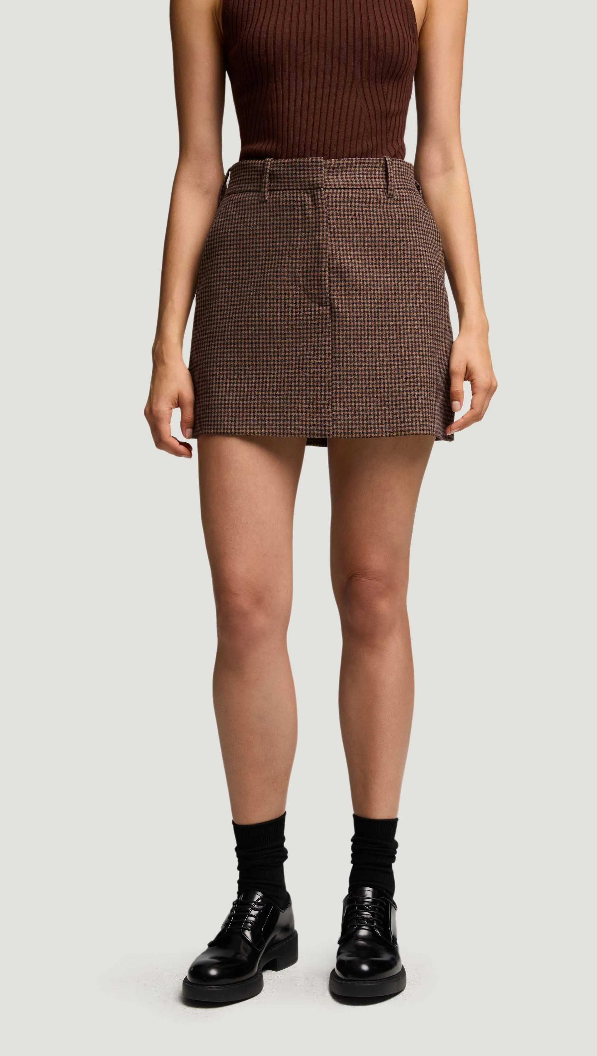 Mini Tailored Skirt in Viscose Blend | Brown/Camel Houndstooth