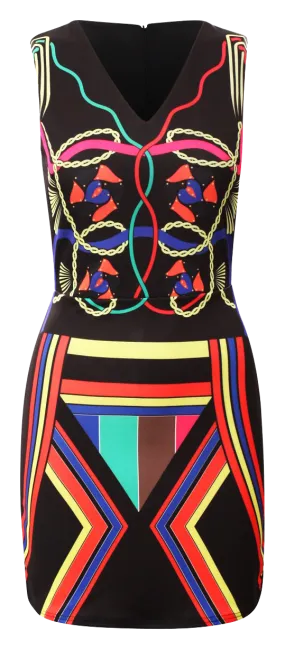 Multicoloured Neon Aztec Print Sleeveless Bodycon Dress