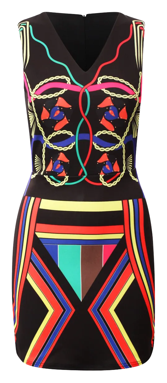 Multicoloured Neon Aztec Print Sleeveless Bodycon Dress