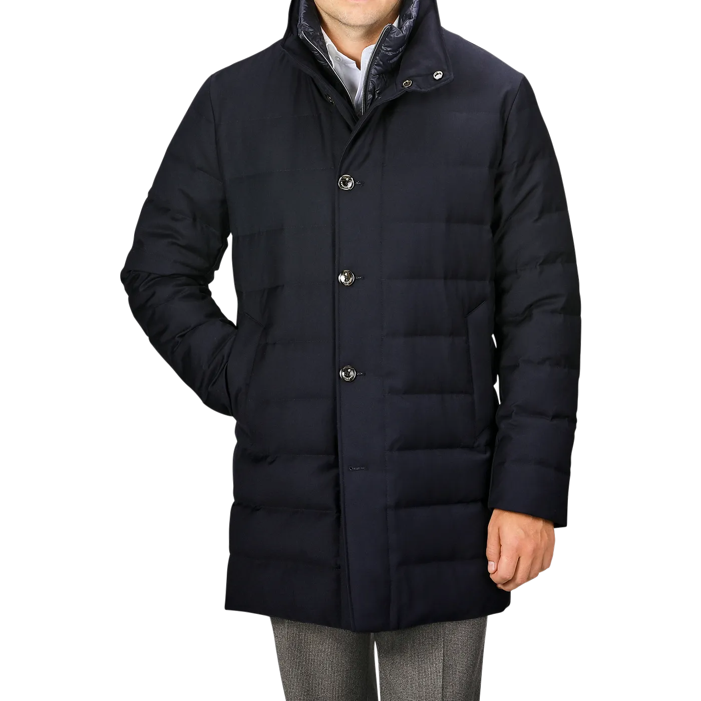 Navy Blue Super 120s Wool Batavia Padded Coat